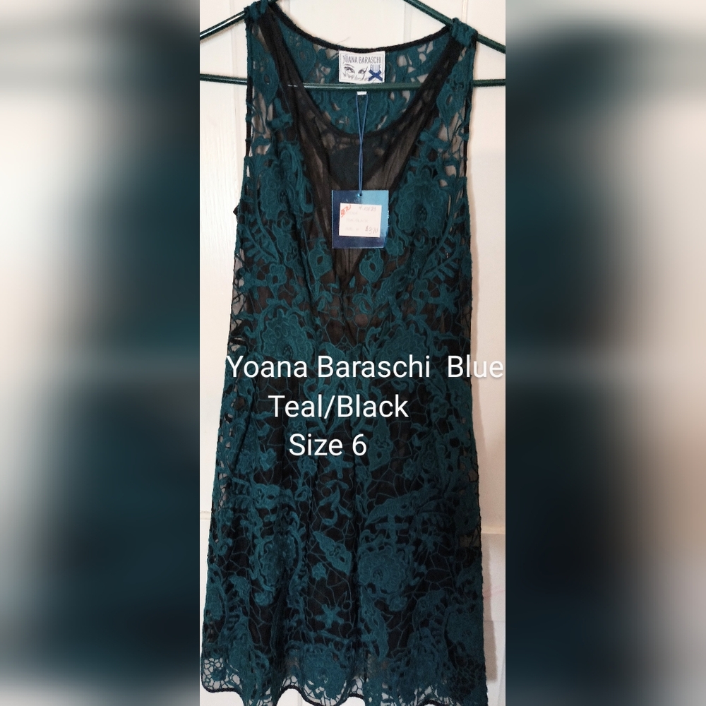 Yoana Baraschi Teal and Black Lace 100% Silk Shell Dress NWT
